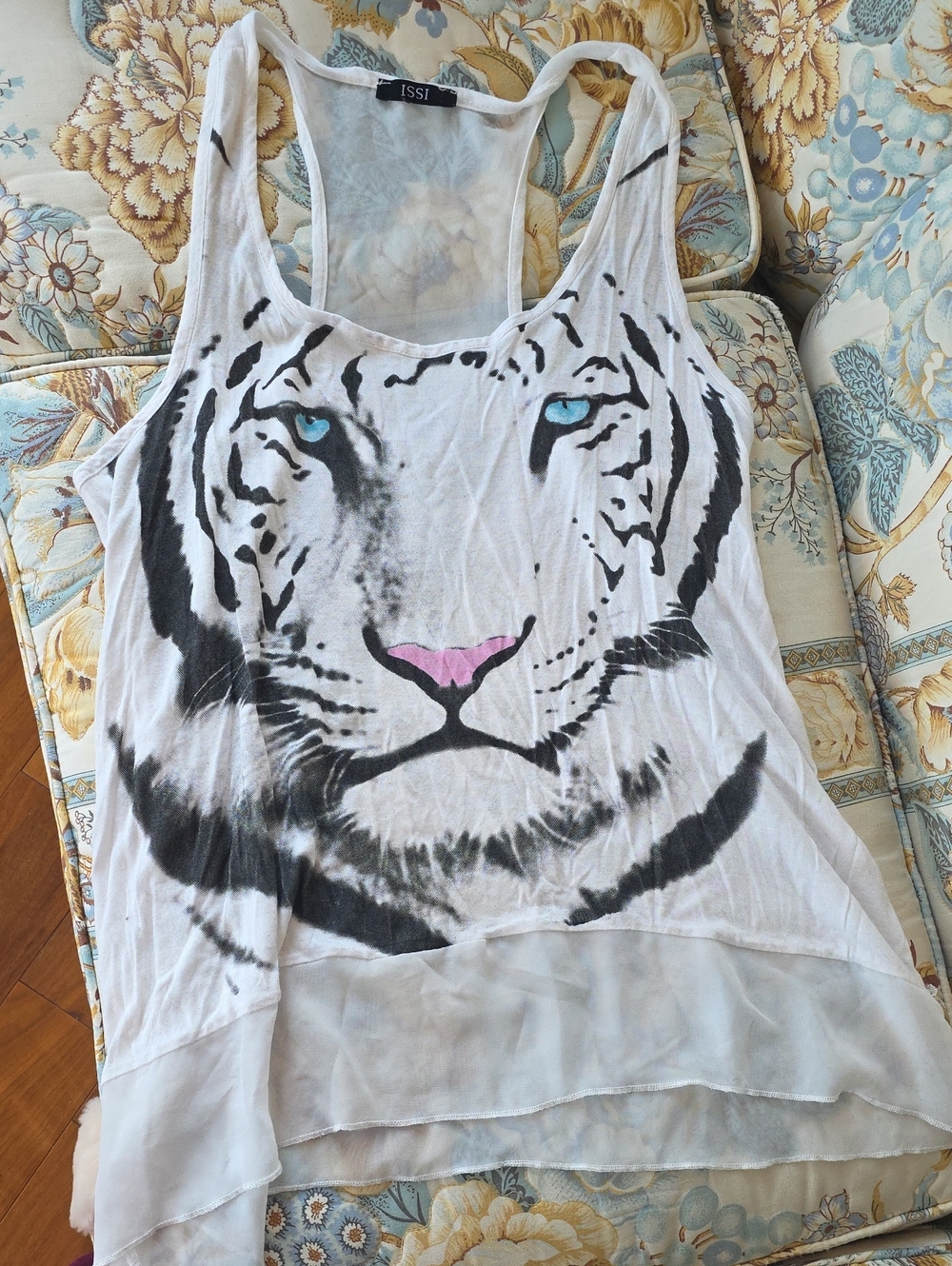 ISSI White Racerback Tank with Tiger Face and Blue Eyes